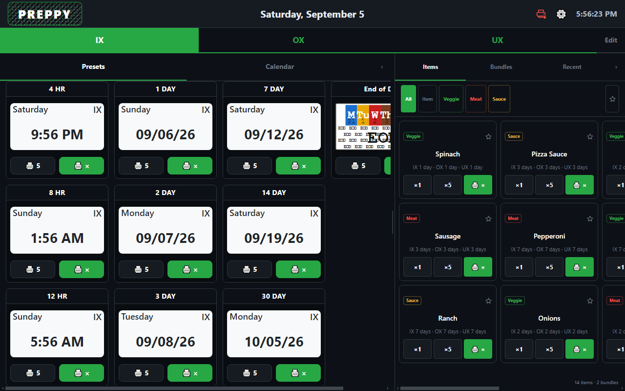 Home: hold-time presets on the left, quick items by category on the right