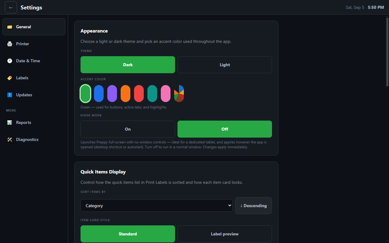 Settings: theme, accent colour, and kiosk mode