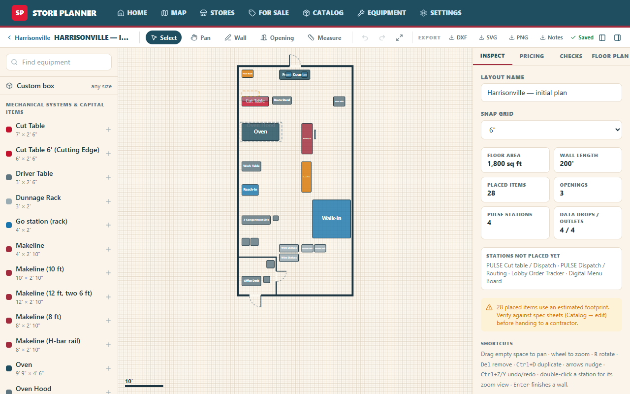 Layout builder: the floor plan with equipment placed from the catalog
