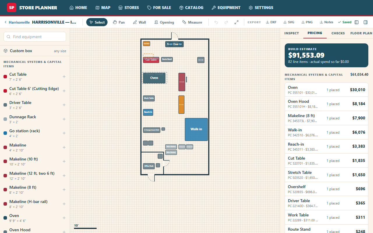Pricing tab: the build estimate priced from the placed equipment
